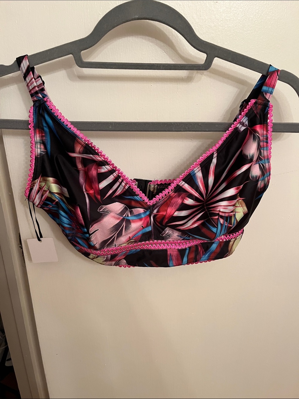Tropical Leaf Swim Bralette with Pink Trim 34 E
